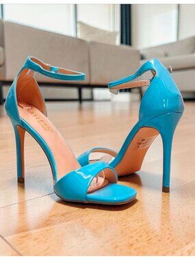 Elegant Blue Patent Leather Stiletto Heels With Ankle Strap & Open Toe For Women